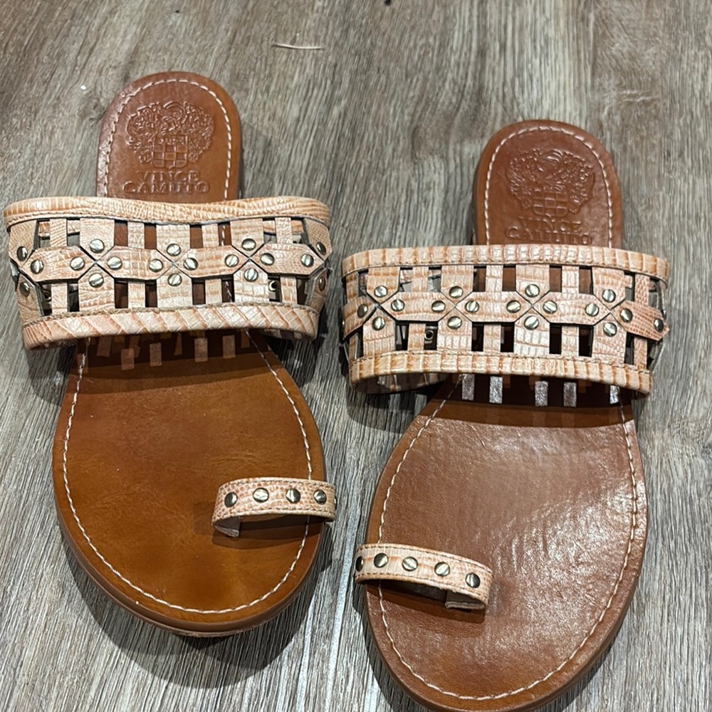 Vince Camuto Tan and Brown Sandals with gold brads. Toe Loop Design